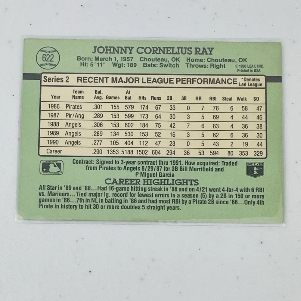 1991 Donruss Baseball Card 622 Johnny Ray Angels Trading Card